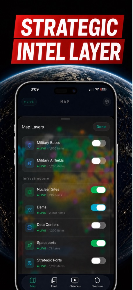 Live World Monitor: GlobeAlert App Store screenshot 4, headline “STRATEGIC INTEL LAYER”. Technical tone.