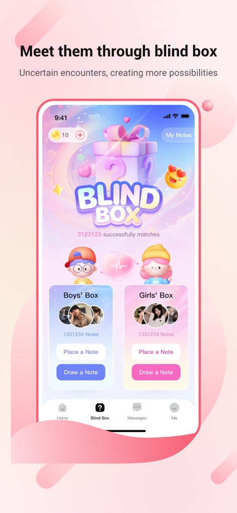 LoveAssist - 「BLIND BOX」機能では、ユーザーは匿名でメッセージを交換し、新たな出会いを生み出せるだけでなく、「Boys' Box」と「Girls' Box」の性別ごとのボックスを通じてノートを置いたり引いたりすることができます。
