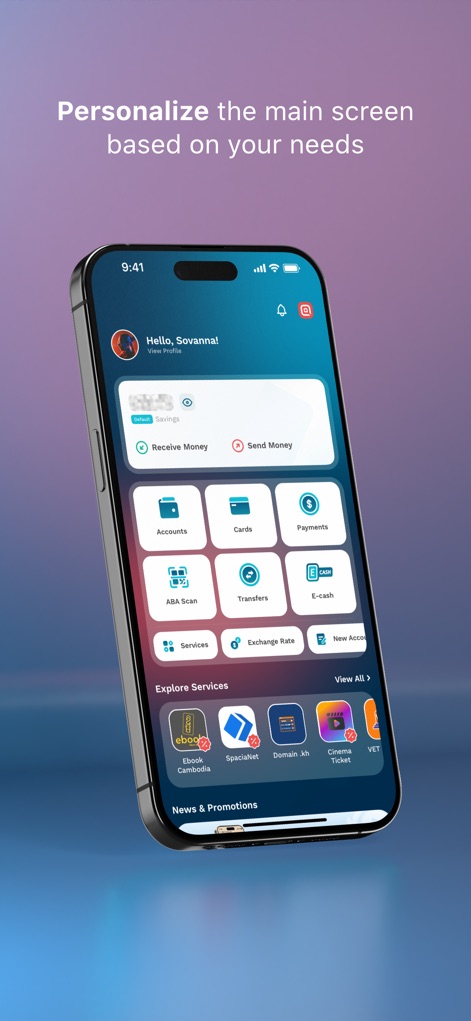ABA Mobile Bank - Discover how users can tailor their main screen with a personalized welcome message and prominent "Receive Money" and "Send Money" quick action buttons for instant access.
