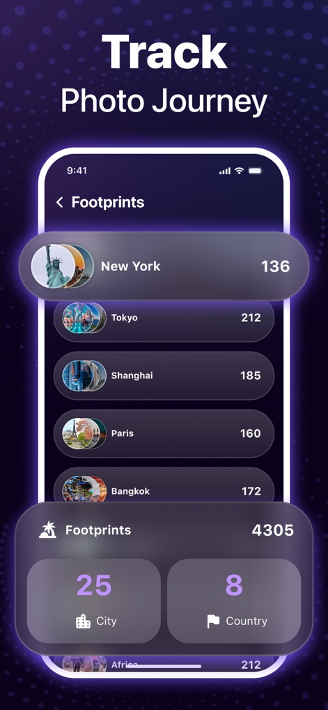 Magic Album-Storage Cleaner - Visualize your photo journey with a timeline based on location, showing photo counts per city and an aggregated total of cities visited.