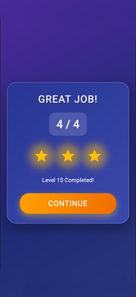RBX Winner Quiz - The app offers immediate 'GREAT JOB!' feedback upon level completion, accompanied by a satisfying 'three-star rating' to acknowledge user performance.