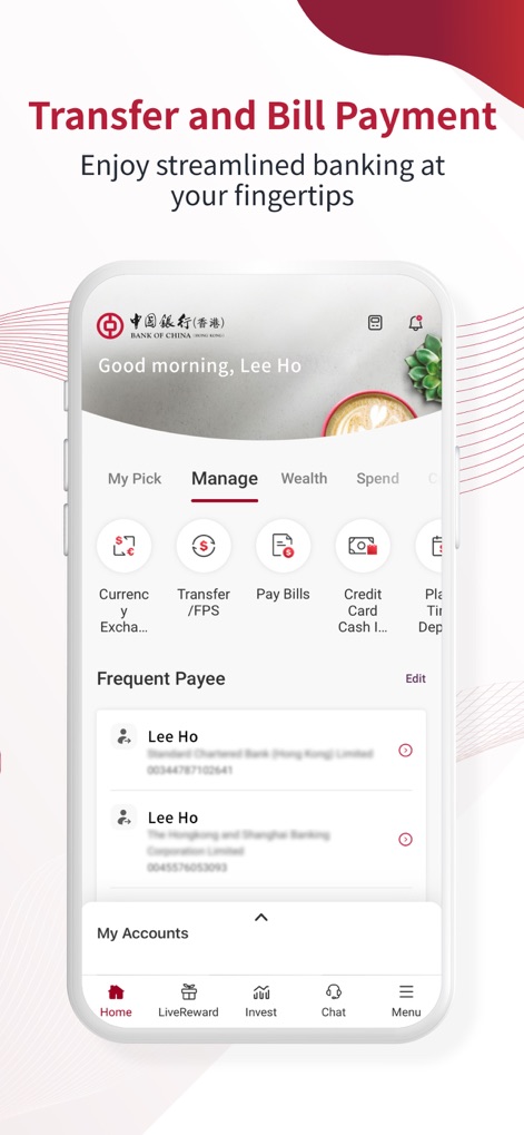 BOCHK 中銀香港 - The 'Manage' section streamlines essential banking, allowing for quick 'Transfer/FPS' and convenient 'Pay Bills' functionalities directly from a personalized frequent payee list.