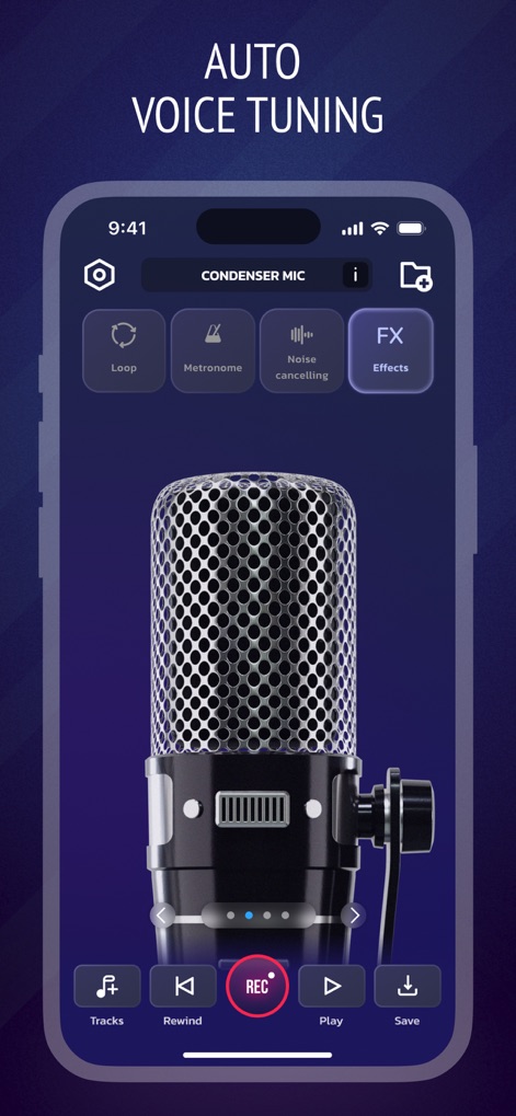 Pro Microphone: Voice Record - La aplicación presenta una gama de micrófonos modelados virtualmente, como el "Condenser Mic", con opciones de procesamiento de audio integradas como "Noise cancelling" y efectos ("FX") para personalizar el sonido.