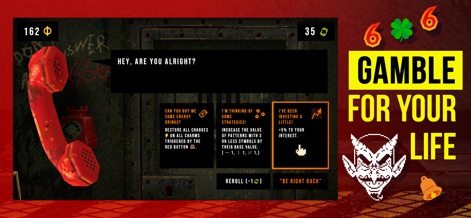 CloverPit - ユーザーは赤いダイヤル式電話を通じたインタラクションで、様々な対話オプションの中から戦略的な決断を下し、ゲームの進行を有利に進めることができます。