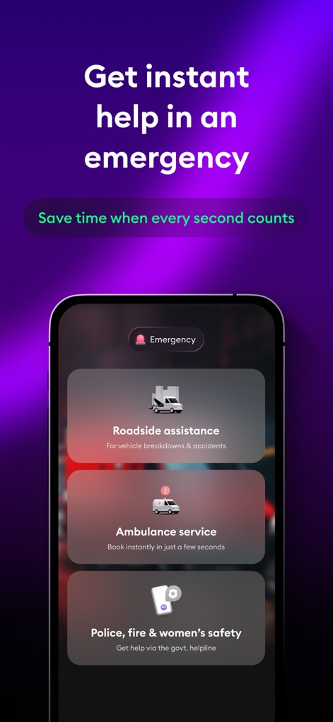 ACKO Insurance - The app provides critical 'Emergency' support with quick access to 'Roadside assistance' and 'Ambulance service' for immediate help.