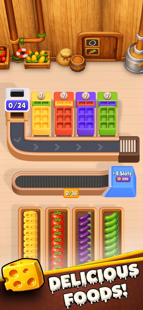 Farm Loop: Harvest Puzzle - La interfaz de juego revela dispensadores de colores vibrantes y una cinta transportadora que prepara el flujo de productos, incluyendo cajas de quesos y tomates listos para el ciclo.