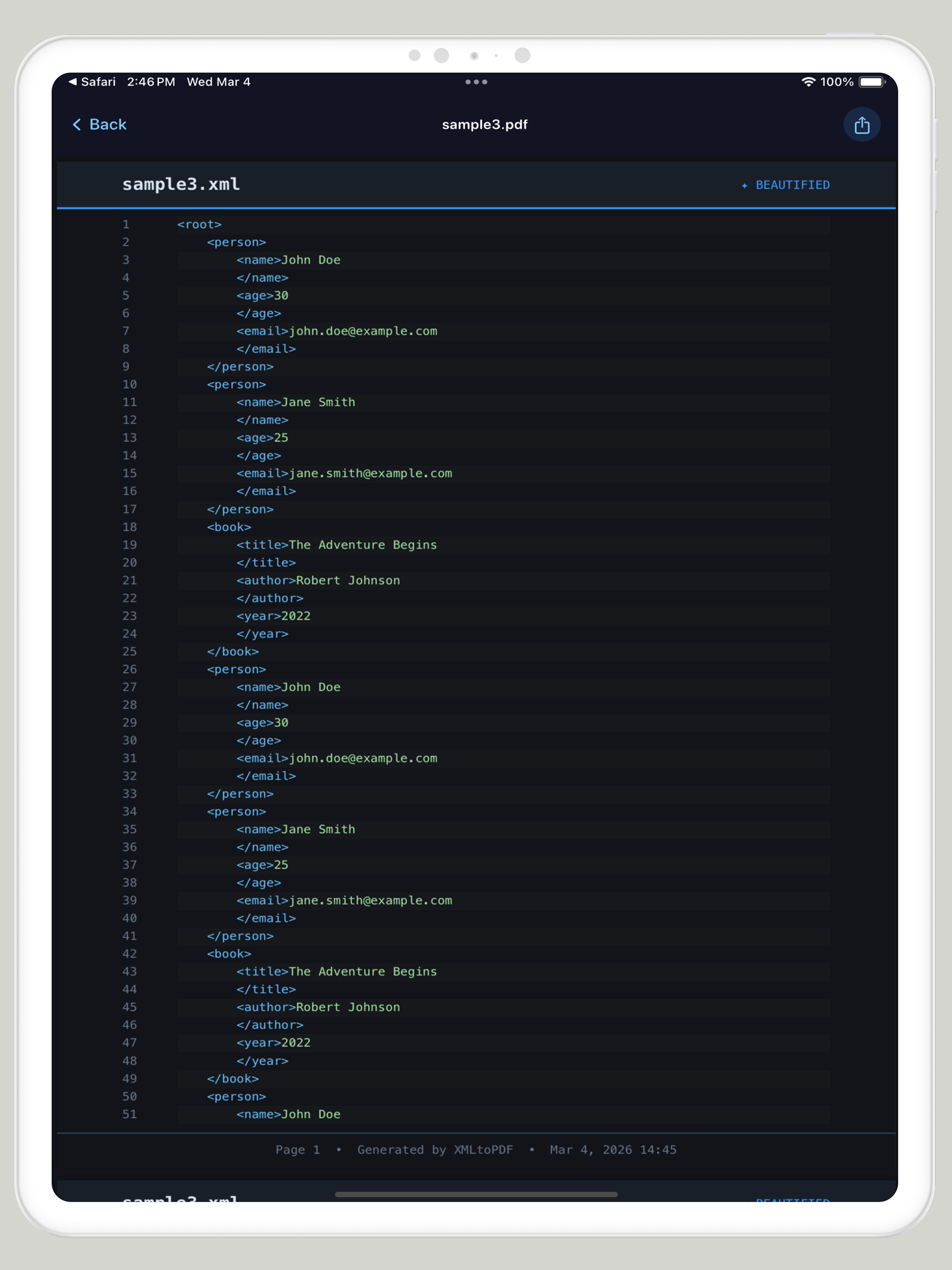 XML to PDF: Code Printer