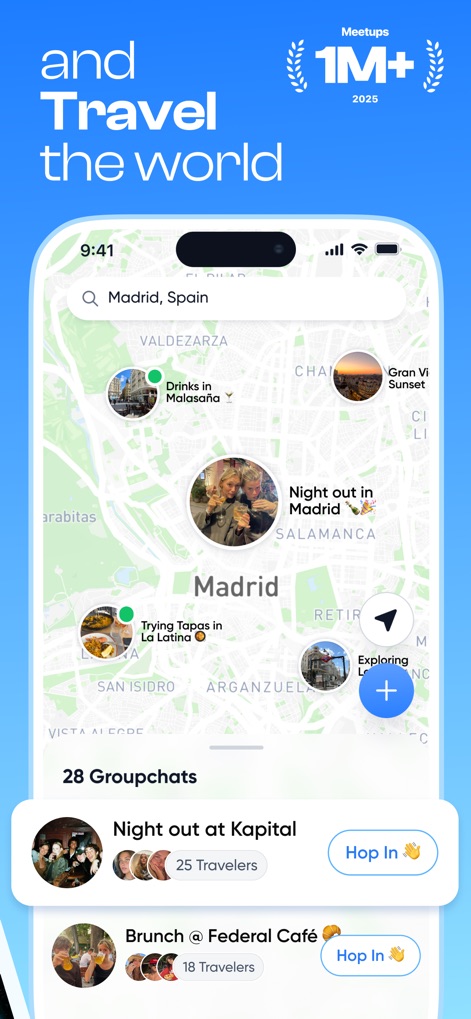 TripBFF - Solo Travel Friends - Users can discover local meetups on an interactive map interface, with distinct group chat options for events like "Night out at Kapital" and "Brunch @ Federal Café" instantly accessible.