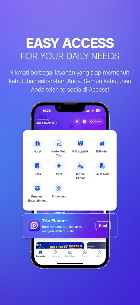 Access by KAI - The app extends convenience beyond travel, providing access to essential daily services like PPOB for electricity tokens and a dedicated Trip Planner for organized itineraries.
