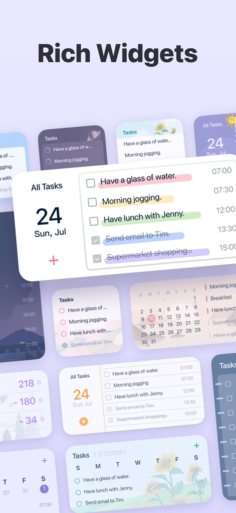 Todoery - Todo List & Reminder - Users can personalize their home screen with diverse task widgets and calendar displays for at-a-glance organization.