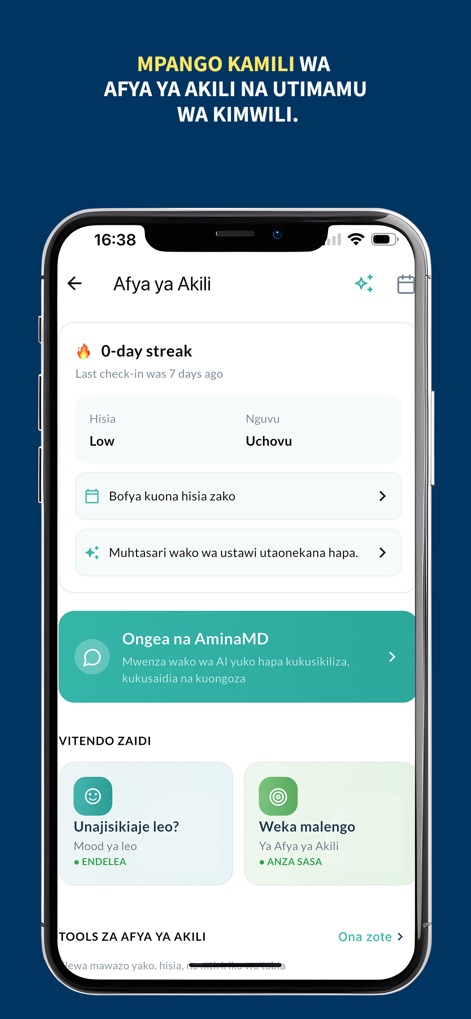 TanzMED - Afya Kiganjani - 本アプリは、ユーザーが日々の感情（「Hisia Low」）を記録する機能や、AIアシスタント「AminaMD」とのチャットを通じて心の健康状態を管理できる包括的なツールを提供します。