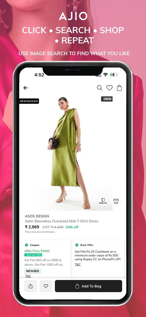 AJIO Online Shopping App - This screen provides comprehensive product information, including price and discount details, complemented by visible sections for applying coupons and bank offers.