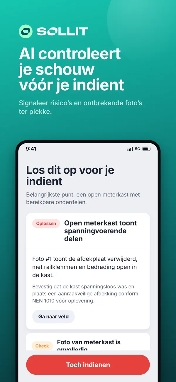 Nederlandse App Store-screenshot: Sollit AI controleert je schouw voordat je indient