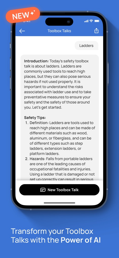 Empower, by ISN - The app empowers users to generate 'Toolbox Talk' content using AI, providing quick safety information and a 'New Toolbox Talk' creation option.