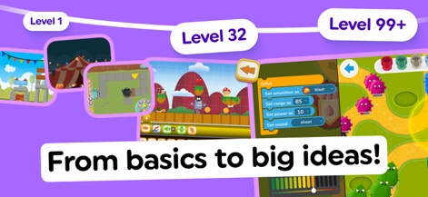 Code Land: Kids Coding Games - L'application accompagne les utilisateurs de la découverte aux concepts avancés, visible par la progression par niveaux (Level 1 à Level 99+) et les interfaces de paramétrage de jeu complexes.
