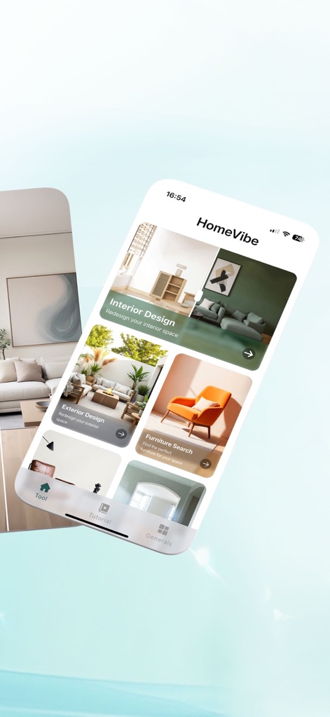 HomeVibe – AI Home Design - O menu principal exibe categorias claras como 'Interior Design' e 'Exterior Design', permitindo aos usuários navegar facilmente entre as diversas ferramentas e inspirações disponíveis, além de um campo para 'Furniture Search'.