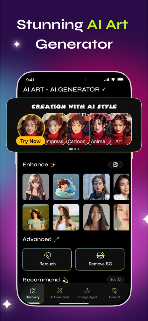 AIPhoto: Image Video Generator - Explore o gerador de arte com IA, revelando uma galeria diversificada de estilos de retratos e opções de aprimoramento como Retocar e Remover BG.