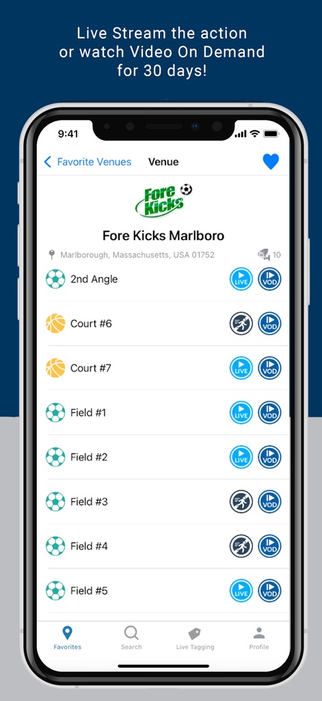 LiveBarn - This screen showcases the ability to instantly access live streams or video-on-demand content, clearly displayed with 'LIVE' and 'VOD' buttons next to each playing surface.