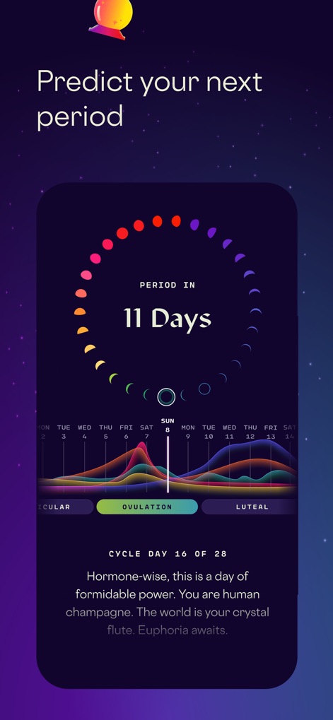 Stardust Period Tracker - This tool provides clear cycle predictions with a circular phase indicator and a detailed graph showing hormonal shifts during follicular and luteal phases.