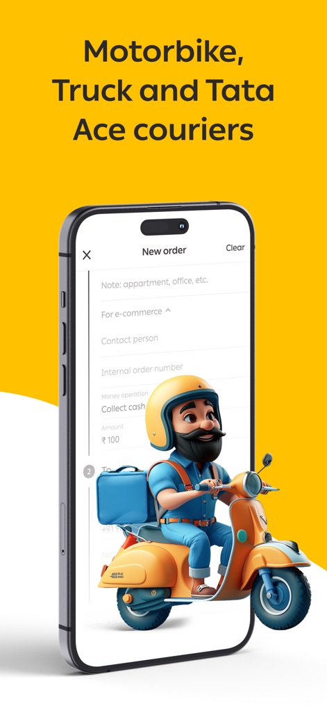 Borzo: Courier Delivery App - La aplicación muestra la variedad de vehículos disponibles para la entrega, con una ilustración destacada de un mensajero en motocicleta y opciones de pago flexibles, como la función "Collect cash on delivery".