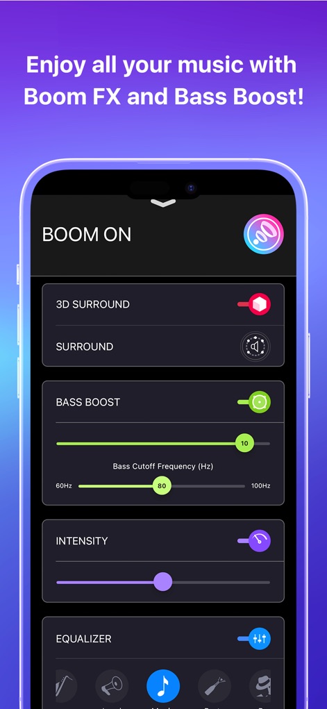 Boom: Bass Booster & Equalizer - Explore the powerful Bass Boost slider, adjustable between 60Hz and 100Hz, alongside the Intensity control to sculpt the perfect audio dynamics.