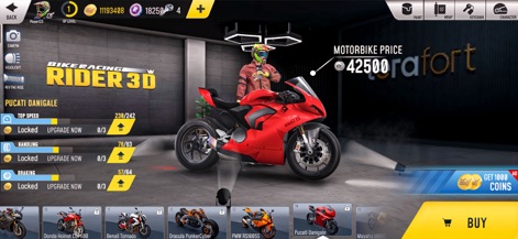Rider 3D Racing Bike Games - Esta tela exibe as robustas opções de personalização da motocicleta, permitindo aos usuários ajustar a cor da pintura e visualizar estatísticas de desempenho como a velocidade máxima.