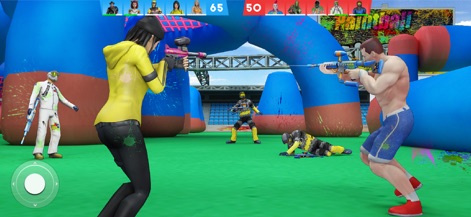Paintball Shooting Team Strike - La dynamique de jeu intense est palpable, avec des joueurs en plein affrontement et des effets de collision visuels qui soulignent chaque impact de peinture.