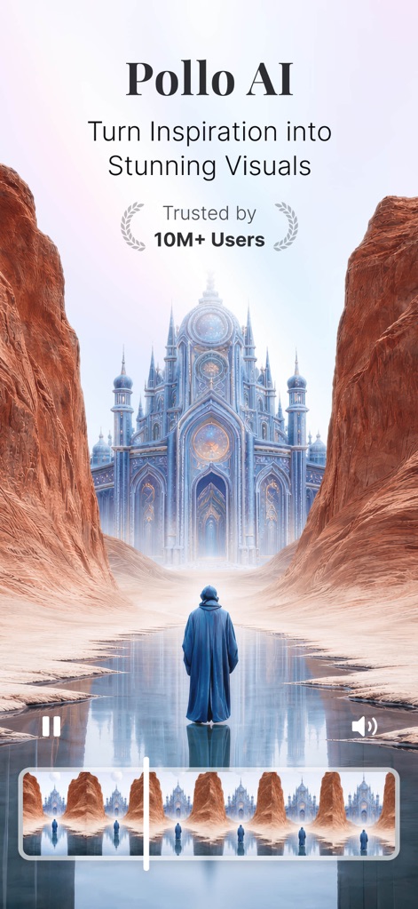 Pollo AI - AI Video Generator - Plongez dans des mondes éblouissants, où l'application transforme l'inspiration en visuels saisissants, comme ce paysage fantastique avec un palais éthéré et une ligne de temps vidéo détaillée.