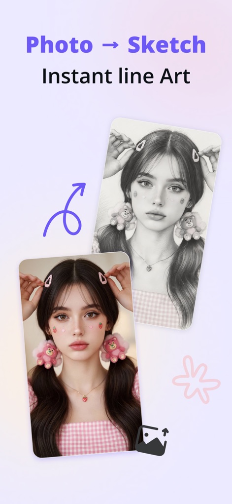 Trace Drawing App - Sketchify - El titular "Photo -> Sketch Instant line Art" ilustra una poderosa función, mostrando la foto original de una chica y su conversión instantánea a arte lineal (boceto), lo que permite transformar imágenes en referencias dibujables.