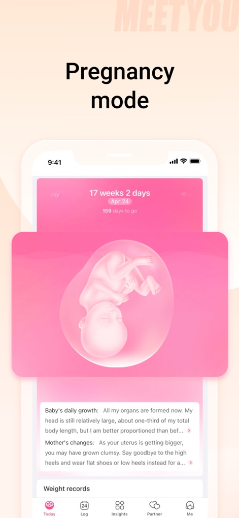 MeetYou - Period Tracker - O modo de gravidez apresenta uma 'ilustração do feto em desenvolvimento' e 'descrições semanais do crescimento do bebê', oferecendo suporte informativo às gestantes.