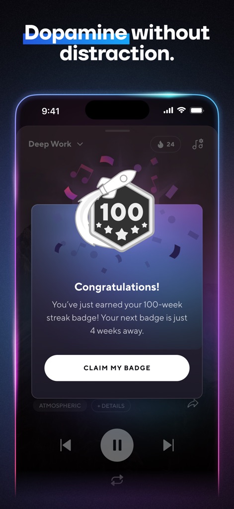 Brain.fm: Focus & Sleep Music - Users are motivated through gamified features, such as the "100-week streak badge" notification and an interactive "Claim My Badge" button.