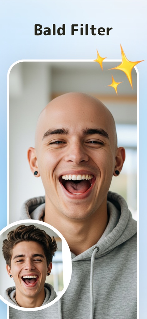 HairTry: Haircut Simulator - L'application propose des filtres inattendus, comme la simulation de Crâne rasé, permettant aux utilisateurs de visualiser des transformations surprenantes avec un réalisme frappant.