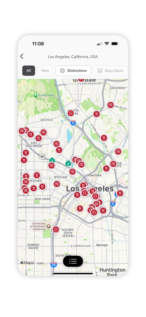 The MICHELIN Guide - Users can visualize a city's culinary landscape with numerous restaurant pins on an interactive map, making it easy to identify establishments with 'Distinctions' in their desired area.