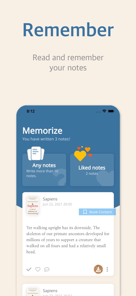Bookmory - reading tracker - This feature helps users organize and revisit their insights by categorizing notes into "Any notes" and "Liked notes", each displaying a note excerpt.