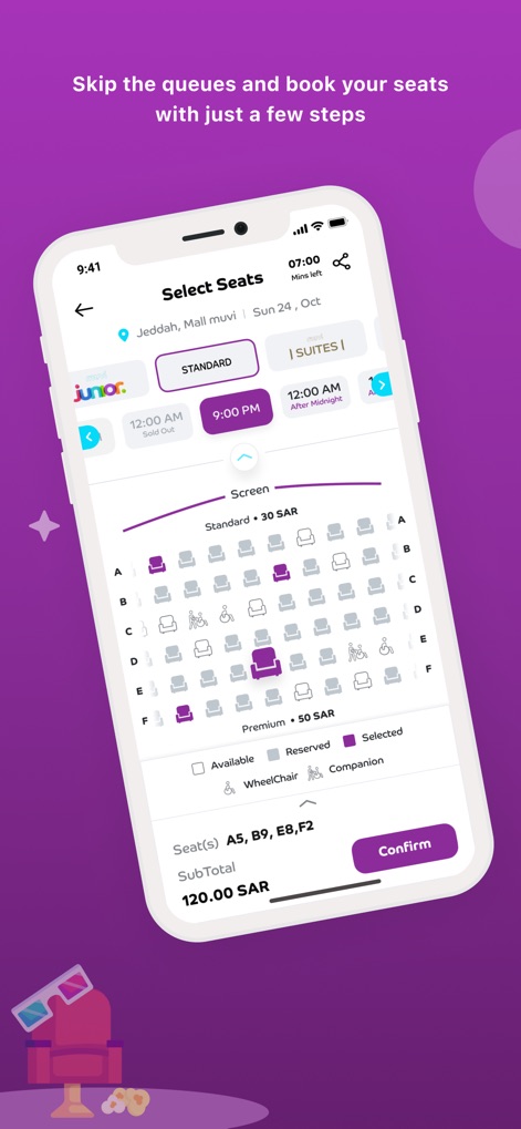muvi Cinemas - The app features an interactive seat map allowing users to visually select their desired seats, distinguishing between "Standard" and "Premium" options with clear pricing.