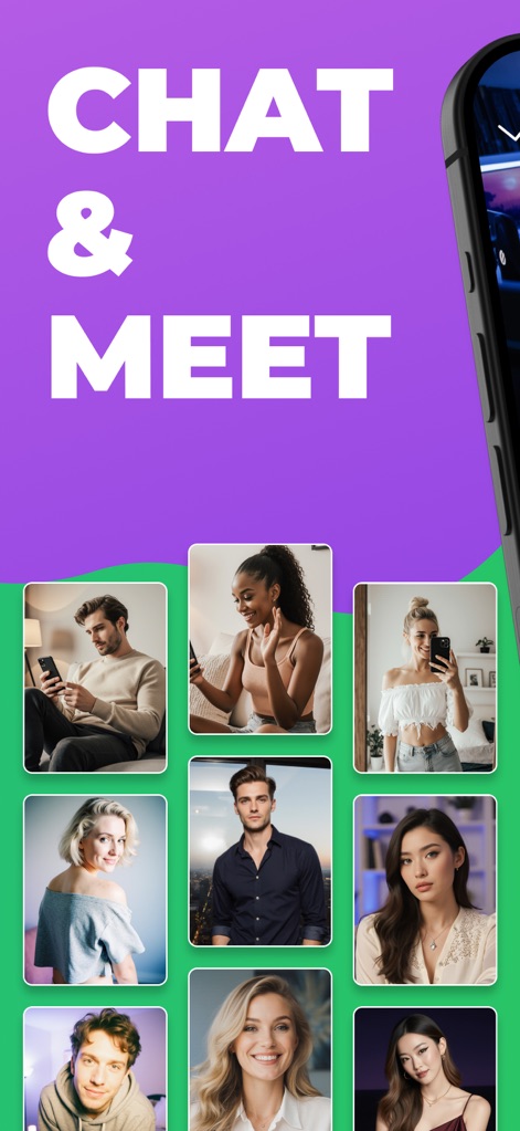 Camfrog: Live Video Chat Rooms - Users can quickly grasp the app's focus on meeting people, showcased by the clear 'CHAT & MEET' message and the gallery of diverse user profiles.