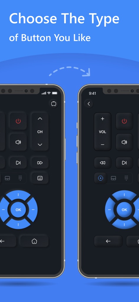 SmartRemote: TV Remote Control - See how the app allows users to personalize their remote experience by choosing between different button layouts and a circular navigation pad for intuitive control.