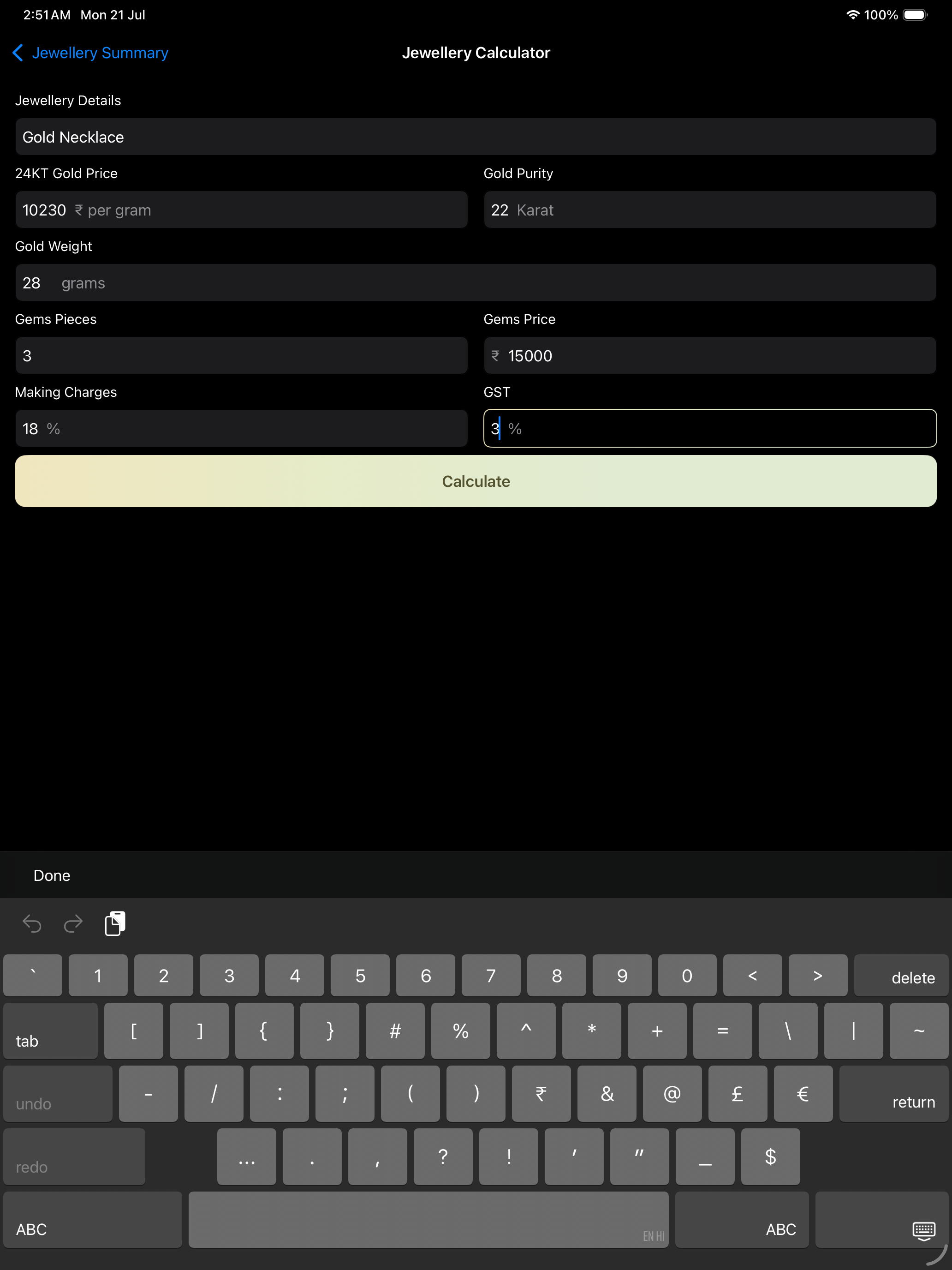 Jewellery Calculator