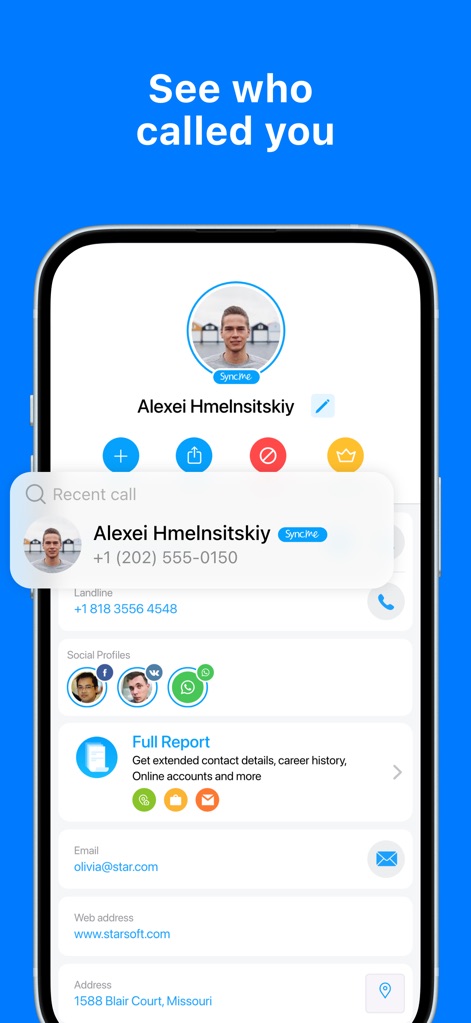 Sync.me - Caller ID & Contacts - Esta tela detalha o perfil de um contato, como "Alexei Hmelniskiy", revelando seu número e a integração com "Social Profiles" como Facebook e WhatsApp para informações adicionais.