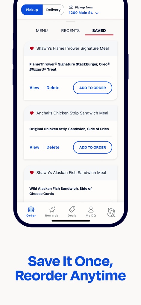 Dairy Queen® Food & Treats - This tool enhances convenience by allowing users to save favorite orders, such as 'Shawn's FlameThrower Signature Meal', for quick and easy one-click reordering from the 'Saved' tab.