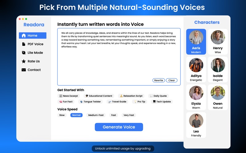 Text to Speech App - Readora iPhone screenshot