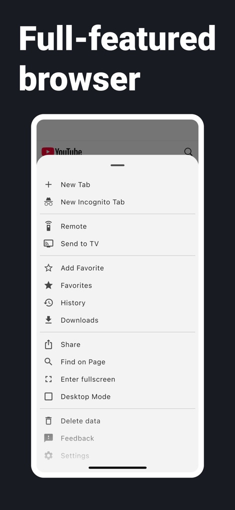 BROWSER with TV Remote - Explore the app's comprehensive menu, showcasing an array of options from opening a 'New Incognito Tab' to utilizing the 'Send to TV' feature for seamless content sharing.