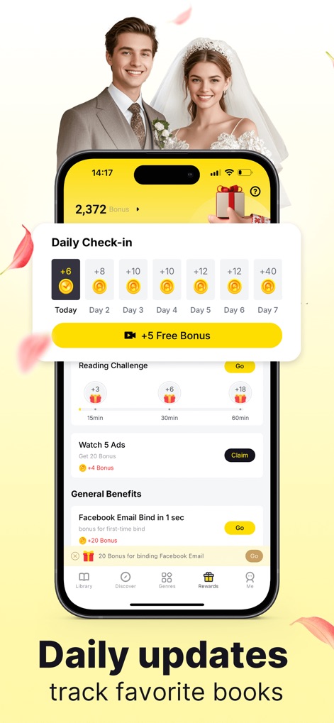 AnyStories-Top Novels & Books - The app incentivizes continuous engagement with a "Daily Check-in" bonus system and stimulating "Reading Challenge" tasks.