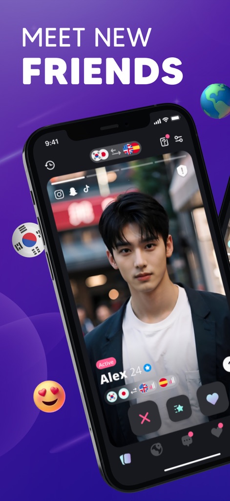Moji – Korea & Japan Friends - See how users discover new connections through engaging profile cards and vibrant interaction buttons for likes and dislikes.