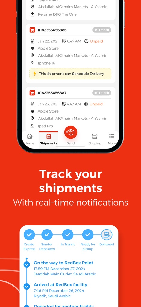 My RedBox - Users can monitor their parcel's journey through a clear progress timeline and view detailed status updates for each individual shipment.