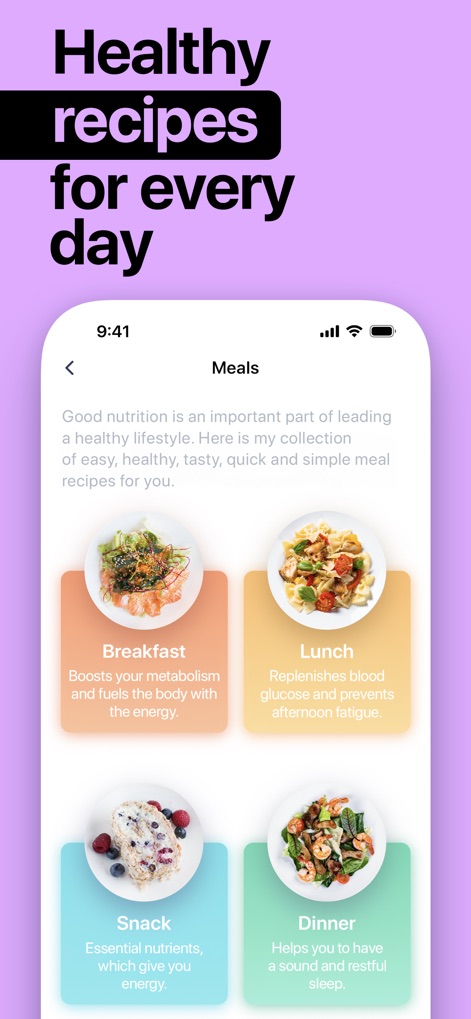 Home Workout Planner, Tracker - La aplicación complementa el ejercicio con "Recetas saludables para cada día", ofreciendo opciones para el "Breakfast" y el "Lunch" con descripciones de sus beneficios.