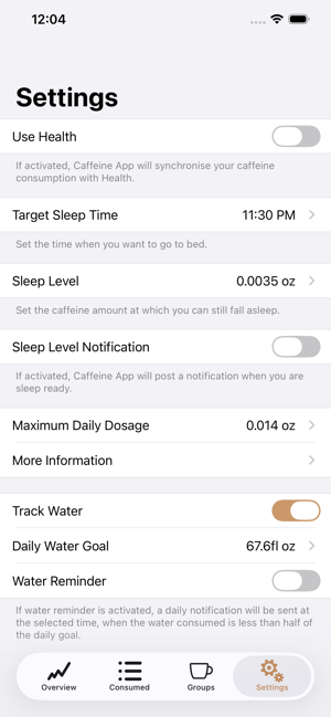 تطبيق الكافيين - لقطة شاشة لعداد الكافيين اليومي