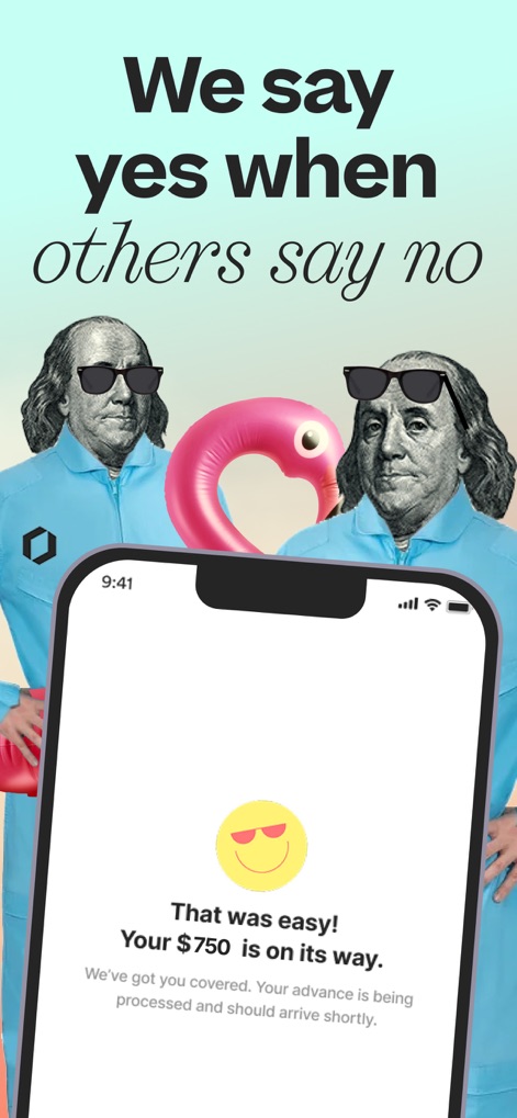 Klover - Instant Cash Advance - This visual confirms the successful processing of a cash advance, showcasing the celebratory emoji and the clear "Your $750 is on its way" message.