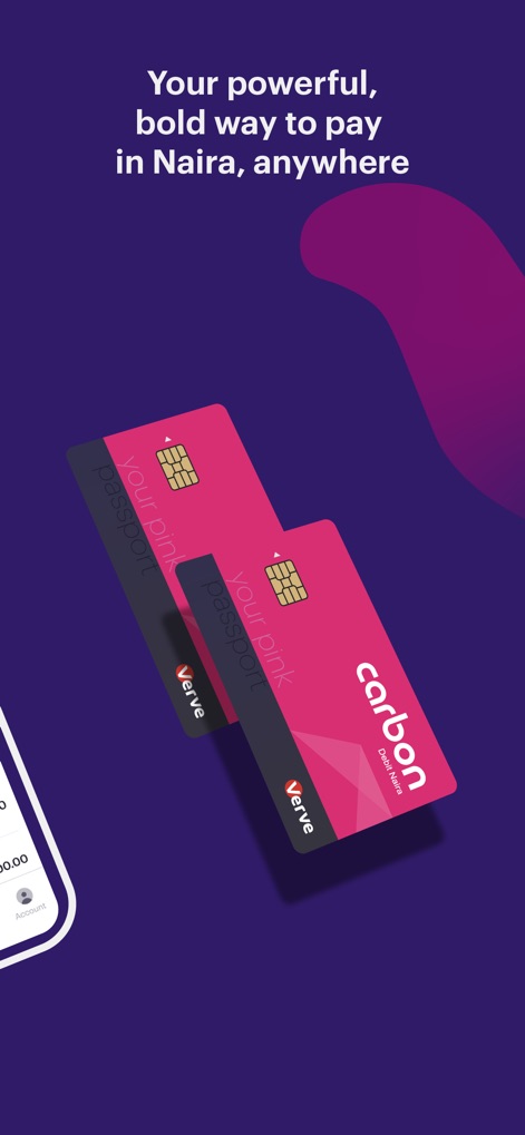 Carbon: Mobile Banking & Loans - La imagen presenta las distintivas tarjetas de débito #PinkPassport de Carbon, enfatizando su diseño llamativo y la capacidad de realizar pagos en Naira en cualquier lugar.
