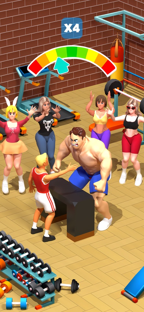 Gym Workout Hero: Idle Clicker - このスクリーンショットでは、巨大なキャラクターと小柄なキャラクターの対決が描かれており、画面上部の進捗を示すカラーメーターがバトルの緊張感を表現しています。